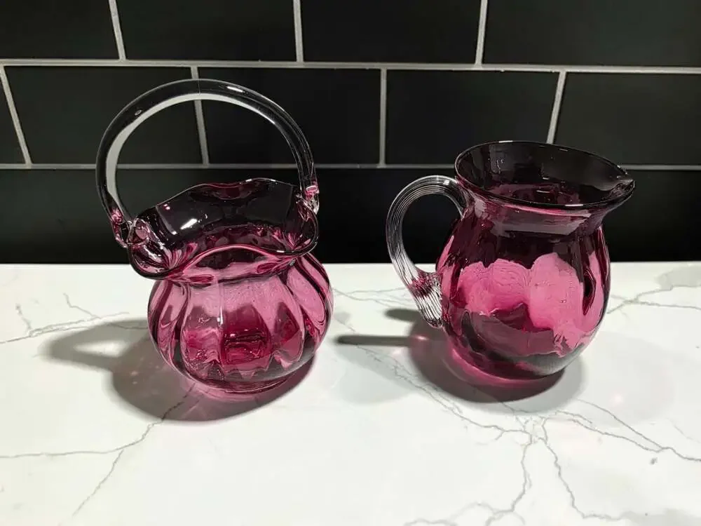 Vntg Pilgrim Art Glass Cranberry Ribbed Basket & Pitcher Set with Clear Handles